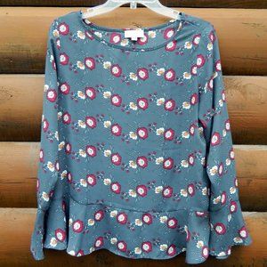 LOFT Women's Blouse Gray White Floral Poppies Crossover Back, Size S